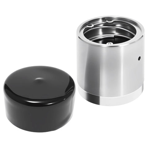 Front view of Bearing Buddy wheel bearing protector and dust cover; 1.98-inch stainless steel body with black cap