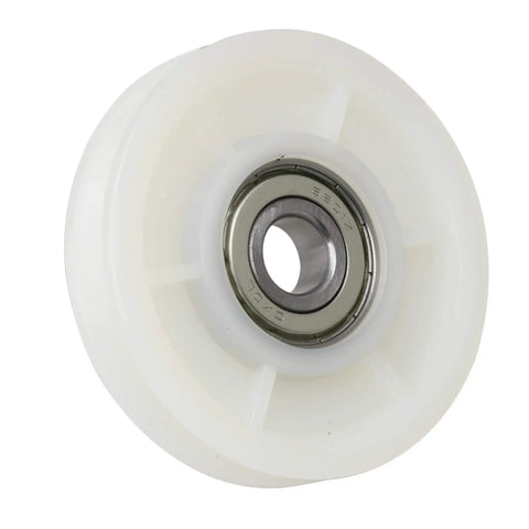 Creamy White Nylon Cable Pulley Wheel with Rock Solid Bearing Steel Core and Buttery Smooth V Groove Design for High Intensity Gym Grind Fits Treadmills and Weight Machines with Heavy Duty Load Capacity up to 155 Kilograms close-up image.
