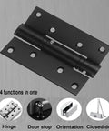 Front view of 4 Pack Black Door Hinges with Automatic Closing and Spring Loaded Mechanism for 4 Inch Doors, ideal for garages.