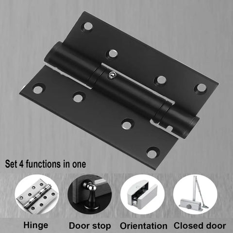 Front view of 4 Pack Black Door Hinges with Automatic Closing and Spring Loaded Mechanism for 4 Inch Doors, ideal for garages.
