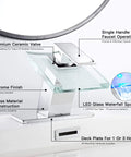 LED Bathroom Sink Faucet With Three Color Changing Light Waterfall Glass Spout Hot Cold Water Mixer Single Handle One Hole Deck Mounted Chrome Lavatory Vanity Basin Fixture Ideal For Modern Bathrooms with labels highlighting features such as ceramic valve, chrome finish, and deck plate.