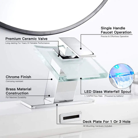 LED Bathroom Sink Faucet With Three Color Changing Light Waterfall Glass Spout Hot Cold Water Mixer Single Handle One Hole Deck Mounted Chrome Lavatory Vanity Basin Fixture Ideal For Modern Bathrooms with labels highlighting features such as ceramic valve, chrome finish, and deck plate.