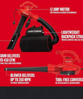 3-In-1 Leaf Blower Vacuum Mulcher with backpack, showing tool-free conversion and features, corded electric, 12 Amp motor.