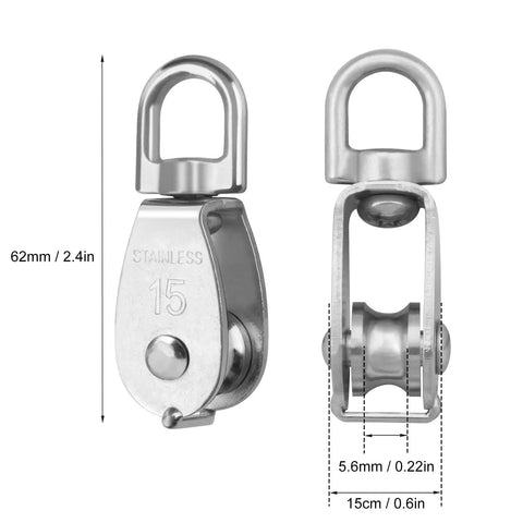 18 Pack M15 Stainless Steel Pulley Blocks With Swivel Hooks For Rope Lifting And Towing, anti-rust, 62mm