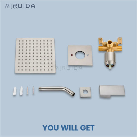 Brushed Nickel Rain Shower System with 8 inch square showerhead, all in one single function 1 handle trim kit, stainless steel 304 head