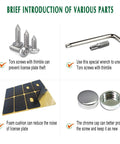 Image showing components of an Anti Theft License Plate Screws Set In Rust Proof Stainless Steel With Tamper Resistant Locking Heads For Front Or Rear Plates M6 Self Tapping Bolts Chrome Caps And Nuts Included One Quarter Inch Drive, including Torx screws, wrench, foam pads, and chrome caps.