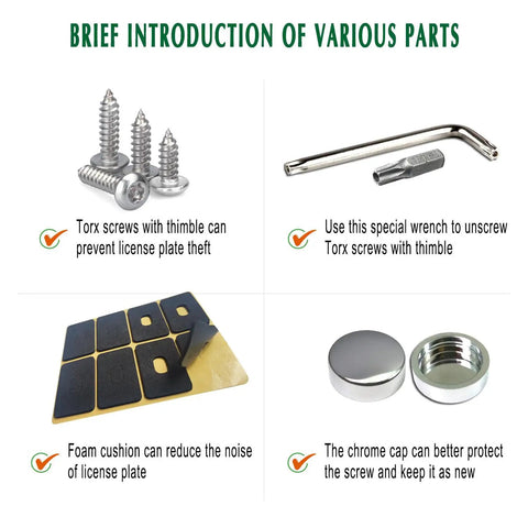 Image showing components of an Anti Theft License Plate Screws Set In Rust Proof Stainless Steel With Tamper Resistant Locking Heads For Front Or Rear Plates M6 Self Tapping Bolts Chrome Caps And Nuts Included One Quarter Inch Drive, including Torx screws, wrench, foam pads, and chrome caps.