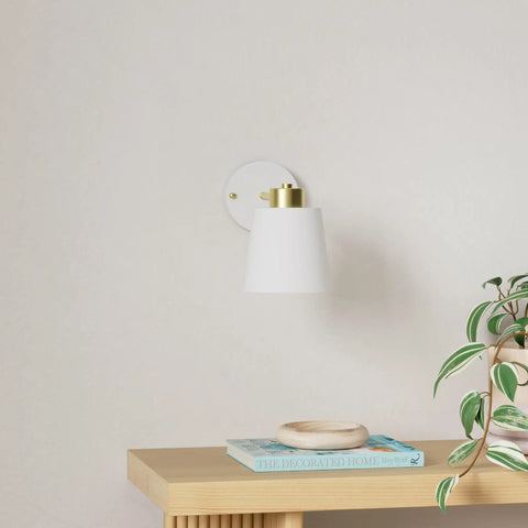 Rotatable Plug In Wall Sconces With Adjustable Angle White Matte Shade above wooden side table with plant