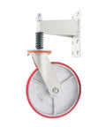Kickass 8 Inch Heavy Duty Gate Caster Wheel Providing A Sweet 800 Pound Load Capacity For Ultra Smooth Door Rolling and Anti Sag Stability Made For Zero Fuss Installation - close-up view highlighting the red wheel and mounting bracket.