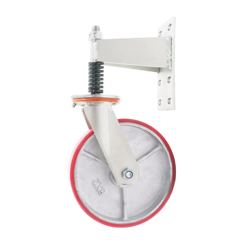 Kickass 8 Inch Heavy Duty Gate Caster Wheel Providing A Sweet 800 Pound Load Capacity For Ultra Smooth Door Rolling and Anti Sag Stability Made For Zero Fuss Installation - close-up view highlighting the red wheel and mounting bracket.