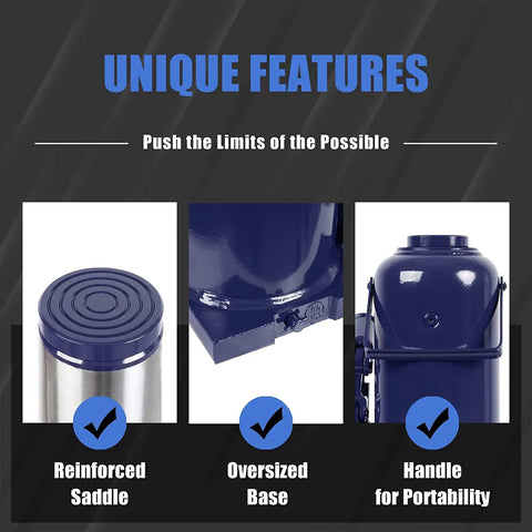 Beefy 50 Ton Hydraulic Car Bottle Jack For Auto Repair And Home Garage Lifts, features reinforced saddle and oversized base.
