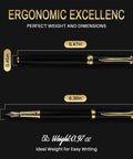 Premium Black Finish Fountain Pen With Fine Nib, Smooth Ink Flow, dimensions labeled, ideal for office and journaling.
