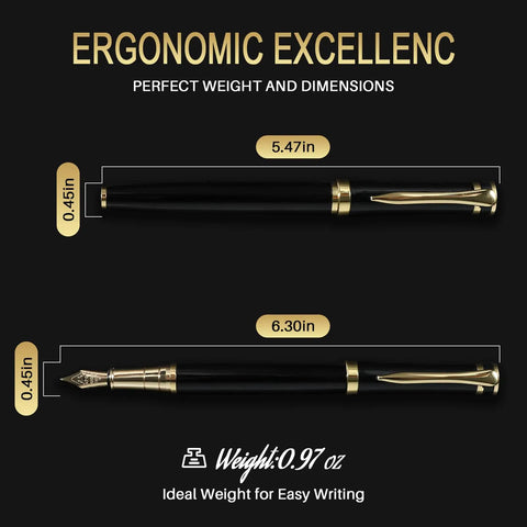 Premium Black Finish Fountain Pen With Fine Nib, Smooth Ink Flow, dimensions labeled, ideal for office and journaling.