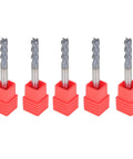 Five 3/16-inch, 4-flute carbide square-end mills with straight shanks in red plastic holders (2 in overall)