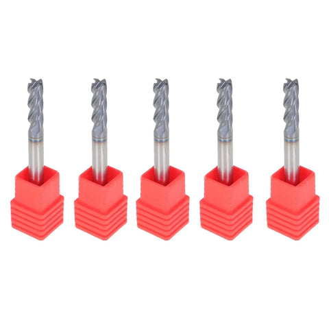 Five 3/16-inch, 4-flute carbide square-end mills with straight shanks in red plastic holders (2 in overall)