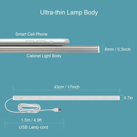 Dimensions of LED Motion Sensor Under Cabinet Lighting Dope 17 Inch USB Plug In Closet Light Bar for kitchen use.