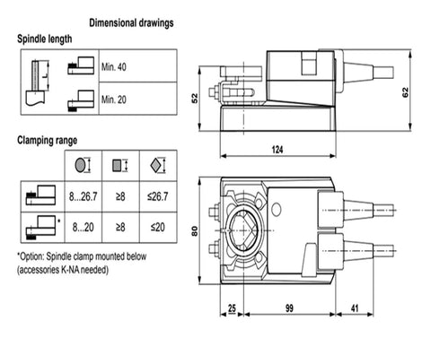 Dimensional drawing of Heavy Duty 10Nm Ac Dc 24V Hvac Damper Actuator With No Sweat Wiring for precise airflow regulation.