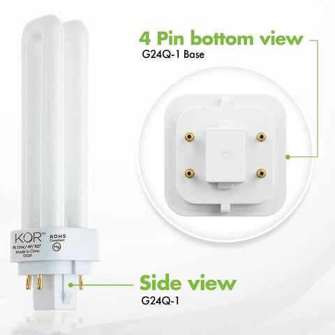 13 Watt Double Tube CFL Light Bulb G24Q-1 4 Pin Base 2700K Warm White 900 Lumens Side View and 4 Pin Bottom View