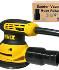 Universal Sander Vacuum Adapter 1-1/4 Inch Hose for Dust Collection attached to DeWalt sander, durable black attachment.