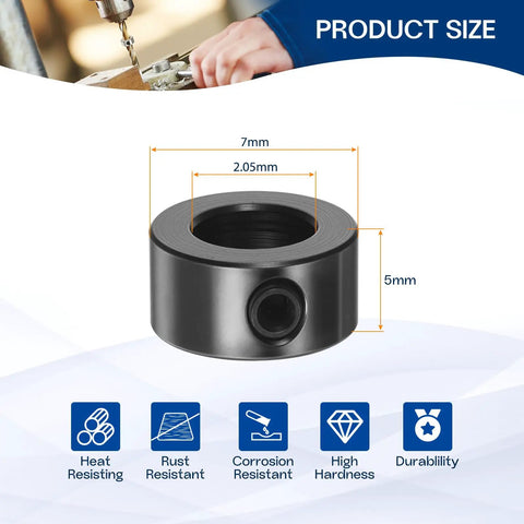 Set Screw Shaft Collars Pack Ten With 2.05mm Bore, 7mm Outside Diameter And 5mm Thick, Black Oxide Carbon Steel Locking Collars Includes Wrench For 2mm Lead Screws And Rod Shafts, Built Tough For Durable Landing Gear Stopper Use. Black shaft collar size diagram with 7mm OD and 5mm thickness