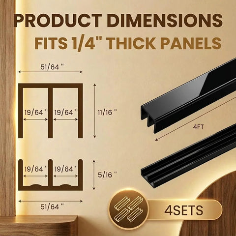 Diagram of 4 Sets 4 Ft Sliding Door Track System With Durable Plastic Build For One Quarter Inch Door Panels in black