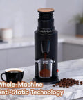 Top Shelf 58 Mm Gold Titanium Flat Burr Coffee Grinder Featuring Anti Static Build And Slick Stepless Adjustment For Real Deal Home Barista Daily Espresso Setup on a kitchen counter with ground coffee.