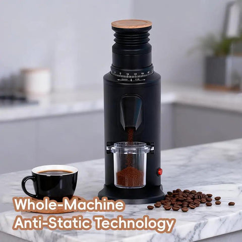 Top Shelf 58 Mm Gold Titanium Flat Burr Coffee Grinder Featuring Anti Static Build And Slick Stepless Adjustment For Real Deal Home Barista Daily Espresso Setup on a kitchen counter with ground coffee.