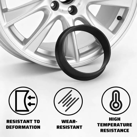 Premium Slick Car Wheel Hub Center Rings 4 Pack Adapts 73.1Mm Outer To 64.1Mm Inner Bore showing wear-resistant plastic ring near alloy wheel.