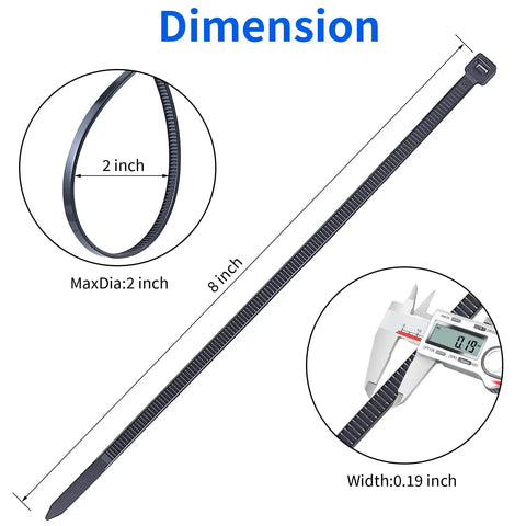 Beefy Heavy Duty Zip Ties 1000 Pack 8 Inch 50 LB Tensile Strength UV Resistant Black Cable Ties dimensions diagram