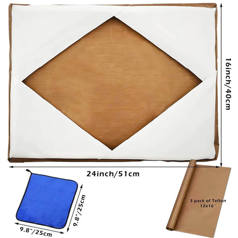 Two Pack 16x24 Heat Press Covers for Top and Bottom Platens, Premium Teflon Coated Fiberglass, includes PTFE sheets and cleaning cloth