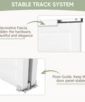 Close-up of 48x80 In 5 Panel Bypass Sliding Closet Door Kit With White Primed Slabs showing decorative fascia and floor guide.