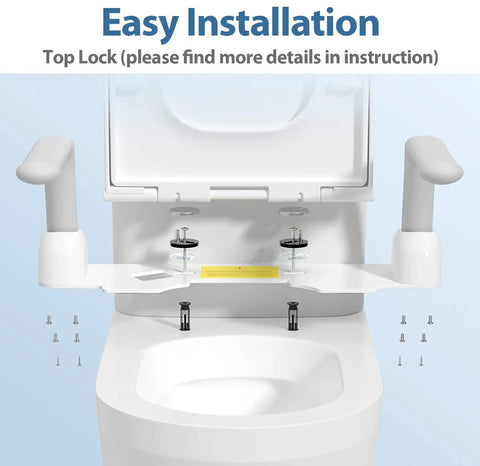 Heavy Duty Aluminum Toilet Safety Rails installation view with top lock, showing bolts and fasteners for easy setup.