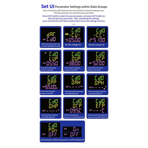 Settings interface for XY6509X CNC Adjustable DC Power Supply CV CC 65V 9A 585W Buck Module parameters display.