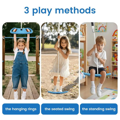 Three In One Kids Swing Set With Disc Seat Climbing Rope Pull Up Bar And Balance Board For Outdoor Treehouse And Backyard Play