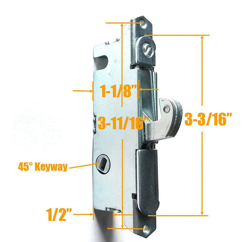 Sliding Patio Door Handle Set With Oak Interior And White Diecast Pull Mortise Lock And 45 Degree Keyway Fits Three To Fifteen Sixteenth Inch Screw Hole Spacing Non Keyed With Latch Locks Replacement For Worn Or Broken Sliding Glass Door Hardware close-up of mortise lock dimensions