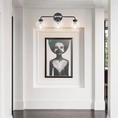 Three Light Vanity Light Fixture With Clear Glass Shades, Matte Black Back Plate And Brushed Nickel Accents, Powder Room Wall Light For Mirror, Modern Industrial Look