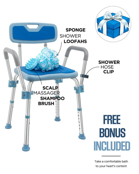Heavy Duty Shower Chair With Arms And Back For Inside Shower, Safe Bath Bench with bonus items, stable ladder leg design