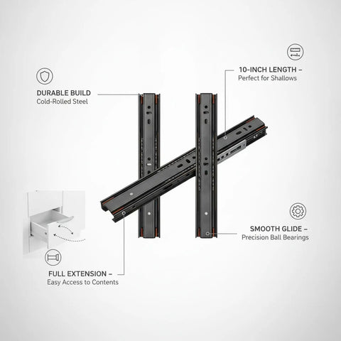 10 Inch Full Extension Ball Bearing Drawer Slides For Nightstands And Vanities, durable cold rolled steel, smooth glide