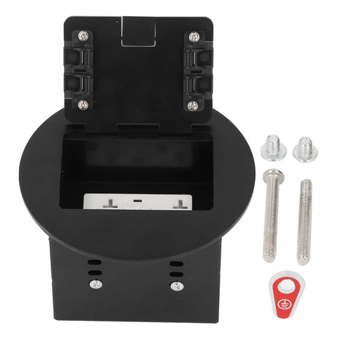 Sleek Stainless Steel Recessed Floor Outlet with Dual 3 Prong Sockets, Heavy Duty 20A 2500W round electrical receptacle top view.