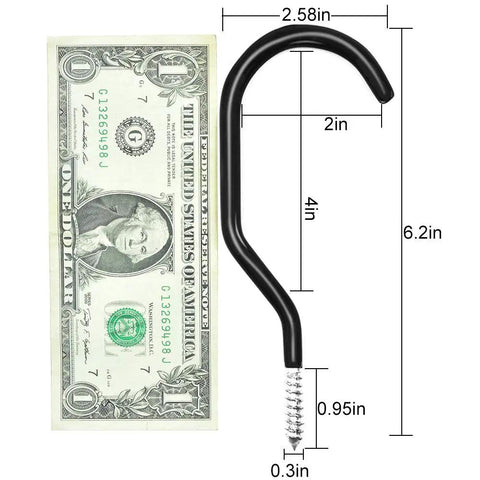 Four Pack Heavy Duty Bike Hook Set For Garage Ceiling And Wall Storage Hangers shown with size dimensions next to dollar bill