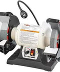 8 Inch Variable Speed Grinder With Work Light, 0.75 HP Induction Motor, Dual 8 Inch Aluminum Oxide Wheels, Black And White