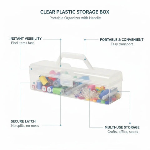 Grab And Go Clear Plastic Storage Box With Handle, Portable File Organizer for Office Supplies and Craft Materials.
