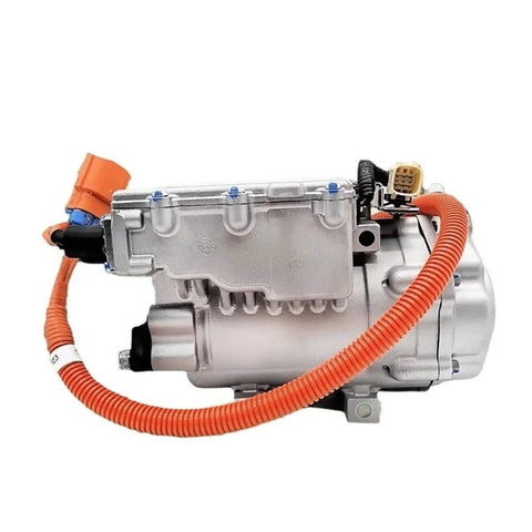 High Voltage Ac Compressor Assembly For Byd Qin Plus Ev BC28B 322 8V HA2EJ 8103020 with orange wiring harness and silver housing.