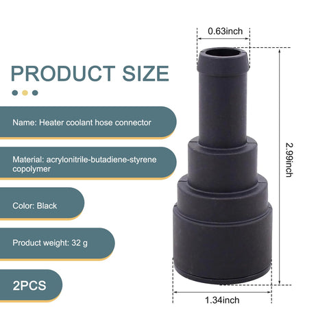 Two Pack Car Heater Hose Fittings And Quick Connect Coolant Connectors For Buick GMC Chevrolet Ford Lincoln Durable Black Hose Adapters Easy Install Leak Proof Keeps Engine Cooling Running Smooth, black connector with product size details.
