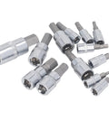 Complete Hex Bit Socket Set With 13 Essential Pieces Covering 2mm To 14mm With Versatile 1/4 3/8 And 1/2 Inch Drive showing polished chrome bits.