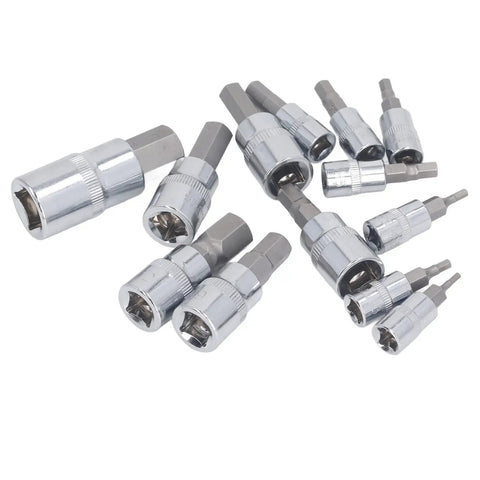 Complete Hex Bit Socket Set With 13 Essential Pieces Covering 2mm To 14mm With Versatile 1/4 3/8 And 1/2 Inch Drive showing polished chrome bits.
