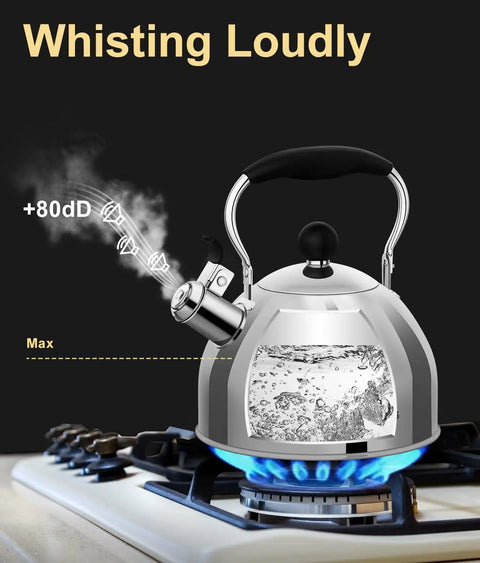 Stovetop Whistling Tea Kettle, 2 Quart Stainless Steel Pot For Tea And Coffee Lovers, 1.8L Food Grade Water Boiler With Loud Whistle on stove
