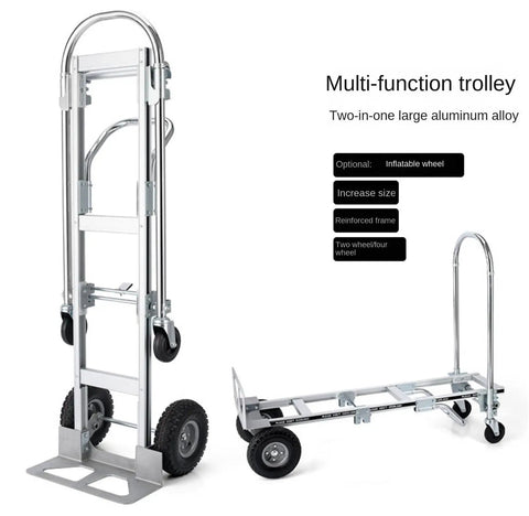 Heavy-Duty Aluminum Hand Truck Dolly With Convertible Two-In-One Design And Pneumatic Wheels For Easy Moving Quickly Switch To Platform Cart Make Moving Heavy Loads A Breeze Rugged Durable Versatile Use, shown as hand truck and flat cart