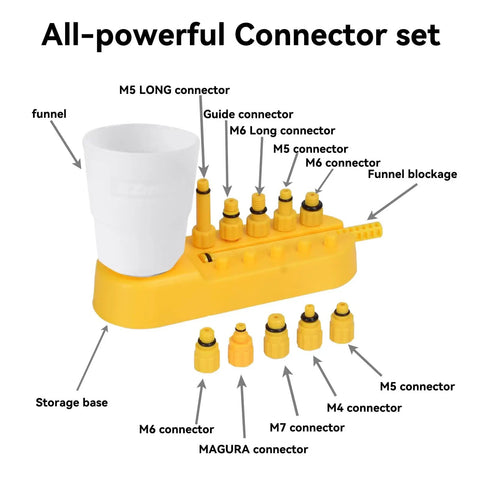 All-powerful connector set for Bike Brake Bleed Kit For Shimano And TEKTRO Hydraulic Disc Brakes with funnel and adapters.