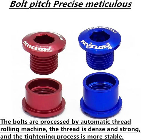 Red and blue bolts from Beefy 7075 T651 Chainring Bolts Kit For Road And MTB, CNC Machined Precision.